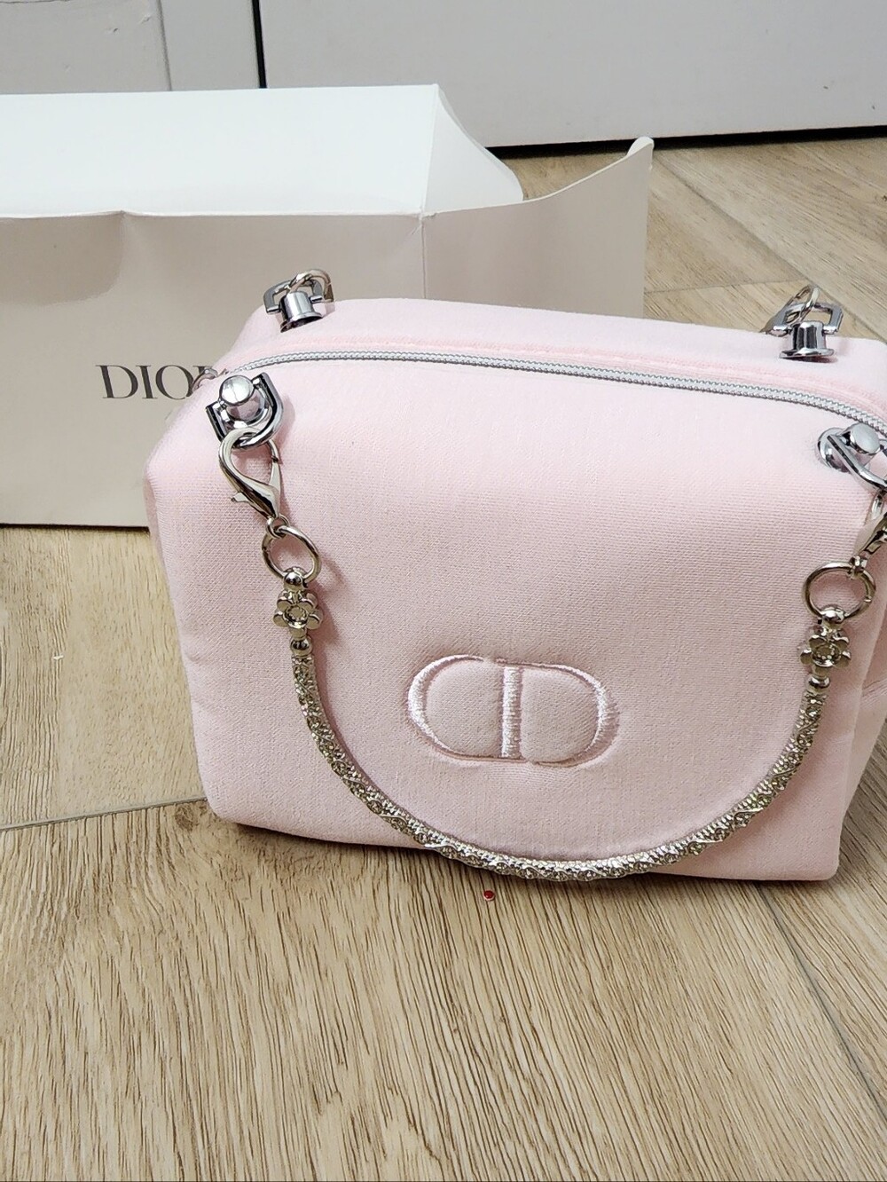 Christian Dior Baby Pink Makeup Bag CD Logo zipper Soft With Silver Handles